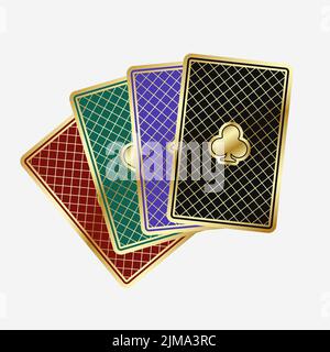 Fan quattro belle carte da gioco. Le schede sul retro sono verdi, rosse, nere e magenta. Illustrazione vettoriale su sfondo bianco. Illustrazione Vettoriale