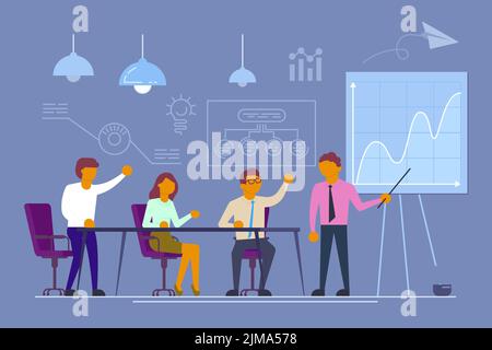 Illustrazione vettoriale del concetto di conferenza aziendale. Uomo d'affari che punta al grafico sulla lavagna che dà la presentazione alla gente di affari che siede al confere Illustrazione Vettoriale