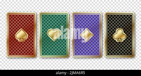 Quattro belle carte da gioco. Le schede sul retro sono verdi, rosse, nere e magenta. Illustrazione vettoriale su sfondo trasparente. Illustrazione Vettoriale