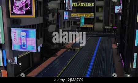 illustrazione 3d di una futuristica città ciberpunk, immagine di sfondo Foto Stock