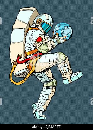 astronauta che tiene in mano il pianeta terra, la scienza ecologica e il tema dell'economia mondiale. uomo in una posa divertente Illustrazione Vettoriale