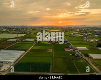 Il sole si fissa sulle strade di campagna e sui campi di riso nel Giappone rurale Foto Stock