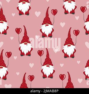 Valentines giorno modello senza giunture con gnomi e cuori carini. Sfondo vettore vacanza Illustrazione Vettoriale