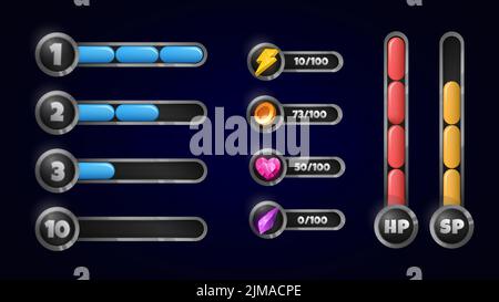 Set di barre delle risorse di gioco. Elementi GUI per il gioco del computer. Modello di progettazione per videogame. Illustrazione vettoriale Illustrazione Vettoriale