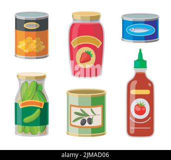 Set di illustrazioni cartoni animati di vari alimenti in scatola. Pesce in scatola, mais, marmellata, salsa di pomodoro, olive, cetrioli salati in vasetti di vetro e lattine isolate su wh Illustrazione Vettoriale