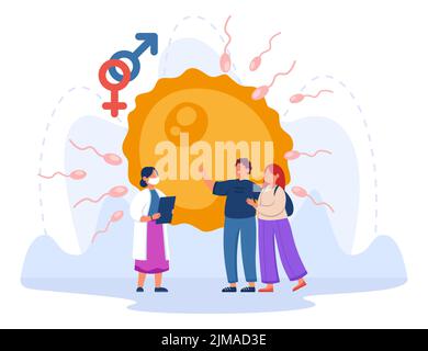 Giovane coppia in visita ginecologo flat vettore illustrazione. Uomo e donna che progettano la famiglia e le gravidanze, curando la salute. Embrione in backgroun Illustrazione Vettoriale