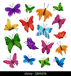 Farfalle tropicali di diversi colori. Illustrazioni vettoriali di insetti con ali multicolore. Cartoon blu giallo arancio verde viola rosso ani Illustrazione Vettoriale