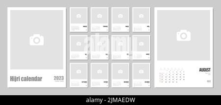 Hijri calendario islamico e gregoriano 2023. Da 1444 a 1445 modello di celebrazione vettoriale. Settimana a partire da domenica. Scrivania piatta e minimale o parete Illustrazione Vettoriale
