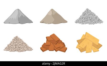 Vari materiali da costruzione pile set di illustrazioni cartoon. Cumuli di cemento, mattoni, gesso, muratura, pietra frantumata o pietre isolate su sfondo bianco Illustrazione Vettoriale