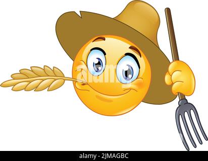 Felice agricoltore di rancher emoji emoticon masticare una paglia d'orzo e tenere una forchetta Illustrazione Vettoriale