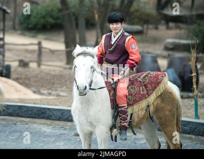 Partecipante a l'atto equestre si comporta, una breve routine a cavallo acrobatica eseguita da una squadra Foto Stock