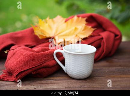 Tazza di tè sul tavolo con una sciarpa e un mucchio di libri Foto Stock