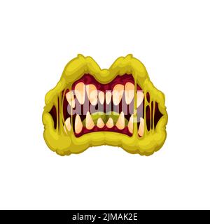 La bocca spaventosa del mostro, le labbra verdi del goblin hanno isolato icona del mostro del cartone animato. Lingua vettoriale, labbra di elfo verde e saliva o goo, mandibole orribili. Spooky diavolo arrabbiato Illustrazione Vettoriale