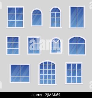 Finestre con cornici bianche diverse impostate. Illustrazioni vettoriali di finestre di vetro blu pulite sulla parete dell'edificio. Cartoon elementi classici di casa exter Illustrazione Vettoriale