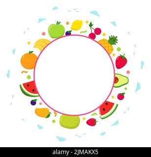 Frutta estiva intorno al cerchio. Cornice fruttata con spazio di copia per il testo. Illustrazione vettoriale in stile piatto isolato. Illustrazione Vettoriale