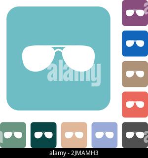 Occhiali da sole aviatore icone piatte bianche su sfondi quadrati arrotondati a colori Illustrazione Vettoriale