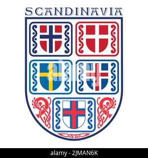 Scudi araldici con bandiere nordiche. Scandinavia Norvegia, Islanda, Svezia, Danimarca, Finlandia, Isole Faroe Illustrazione Vettoriale