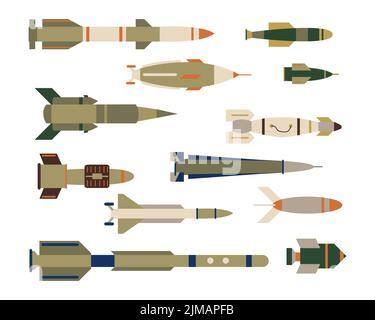 Tipi di missili militari o razzi vettore illustrazioni set. Raccolta di diverse bombe balistiche ad aria, conchiglie di artiglieria, testate isolate su wh Illustrazione Vettoriale