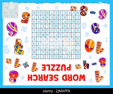 Matematica numeri e cifre parola ricerca puzzle foglio di lavoro gioco. Labirinto di parole vettoriali di formazione conteggio, quiz dei bambini su sfondo di foglio di carta quadrato, colorf Illustrazione Vettoriale