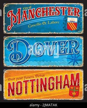 Manchester, dover, Nottingham, etichette per i bagagli e adesivi da viaggio del Regno Unito, etichette per le borse vettoriali e cittadine. Vacanze Inghilterra e viaggio Gran Bretagna ret Illustrazione Vettoriale