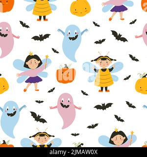 Halloween fantasmi. Bambini in costumi di Halloween, zucche e pipistrelli. Illustrazione piatta. Pattern vettoriale senza giunture Illustrazione Vettoriale