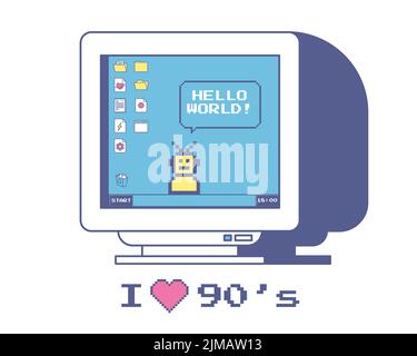 Monitor per computer vecchio e vintage carino. Desktop con icone retrò, cartelle e pulsanti. Un robot e una bolla vocale con frase Ciao mondo. Amo il 90s. N Illustrazione Vettoriale