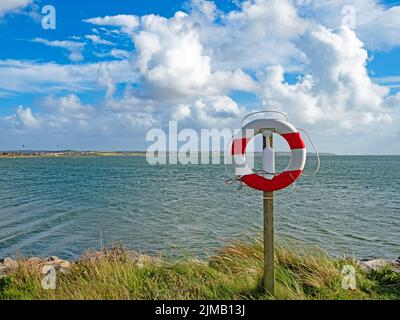 Vista di un anello di salvataggio rosso e bianco sulla riva di Nisum Bredning vicino Agger Havn, Danimarca Foto Stock