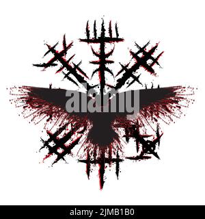 Norse viking nero e rosso corvo simbolo Illustrazione Vettoriale