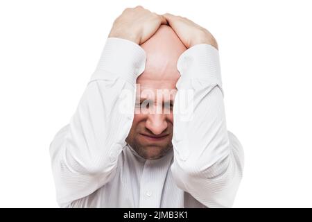 Piangendo uomo d'affari stanco o stressato in depressione mano nascondere faccia Foto Stock