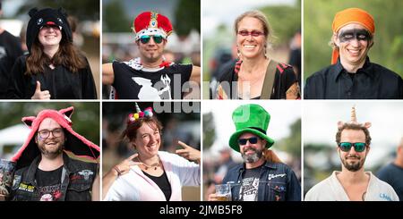 Wacken, Germania. 05th ago 2022. KOMBO - il combo mostra vari amanti del festival al Wacken Open Air Festival. Il WOA è considerato il più grande festival del metallo pesante del mondo. Credit: Daniel Reinhardt/dpa/Alamy Live News Foto Stock