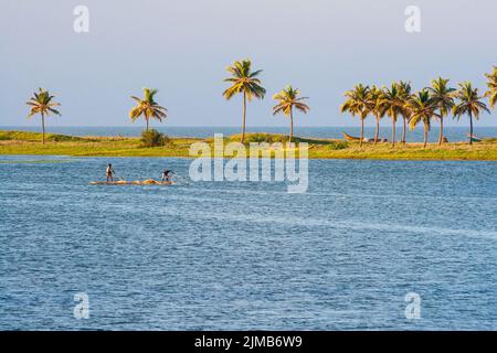 Pescatori che peschano al canale di Chennai Buckingham con gli alberi di palma sullo sfondo Foto Stock