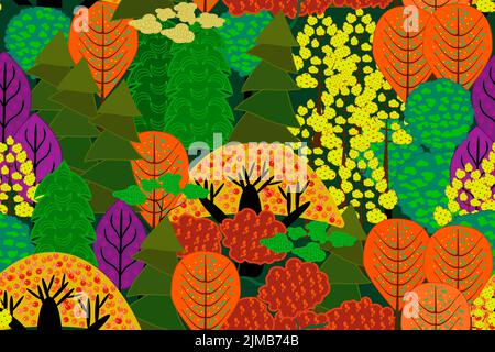 Modello senza giunture con foresta autunnale. Alberi colorati. Texture o sfondo con piante astratte. Albero multicolore corone sfondo.illustrazione vettoriale Illustrazione Vettoriale