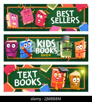 Bestseller, libri per bambini e libri di testo personages. Libri allegri, divertente insegnante di taccuini e studenti cartoni animati personaggi vettoriali, felice sorridente textboo Illustrazione Vettoriale