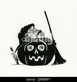 Halloween disegno con inchiostro su carta. Una zucca con un cappello di strega, un nastro di ciottoli e un ragno. Una scopa completa la composizione. Foto Stock