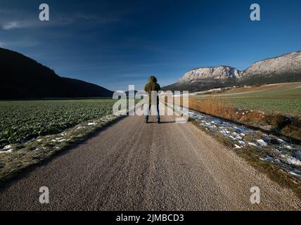 Traveler a camminare su una strada nei campi Foto Stock