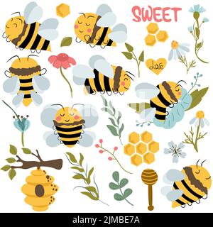 Miele grande set, ape carina, fiori selvatici, nido d'ape, foglie verdi. Ape al miele cartoon con emozioni diverse. Illustrazione vettoriale. Illustrazione Vettoriale