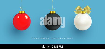 Un set di palle natalizie di colori diversi. Illustrazione vettoriale realistica. Giocattoli di Natale. Palline rosse, nere e bianche. Arco d'oro. Sospeso Illustrazione Vettoriale