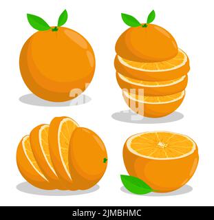 Frutta d'arancia tagliata ad anelli, agrumi succoso. Raccolta di frutti tropicali. Vettore realistico cartoon isolato su sfondo bianco Illustrazione Vettoriale