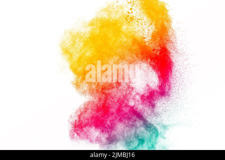 Esplosione di polvere multicolore su sfondo bianco. Spruzzi di polvere di colore. Foto Stock