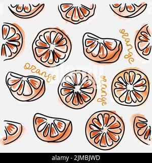 Arancione. Modello senza cuciture di tagliatelle di agrumi con lettere scritte a mano. Sfondo ricorrente. Stampa frutta. Carino stile cartoon. Illustrazione moda Illustrazione Vettoriale