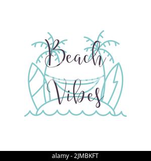 Logo lineare con testo Beach Vibes e immagine della spiaggia Illustrazione Vettoriale