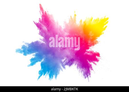 Esplosione astratta di polvere multicolore su sfondo bianco. Congelare il movimento di schizzi di particelle di polvere Foto Stock