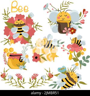 Fascio di api. Cartoon carino composizioni con ape su fiore, corone con fiori selvatici, nido d'ape, vaso di vetro con miele. Api da miele volanti. Natura, prodotto biologico. Illustrazione vettoriale. Illustrazione Vettoriale