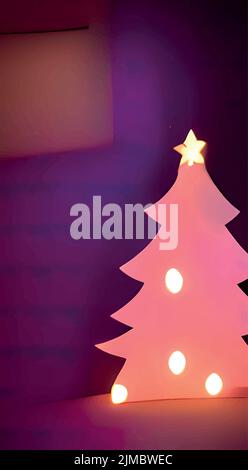 L'albero di Natale con luci e una stella isolato su uno sfondo viola sfocato. Illustrazione Vettoriale