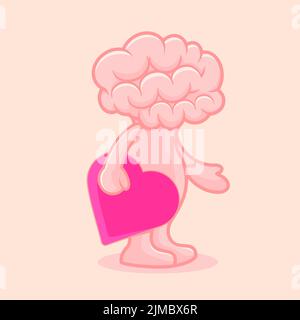 un cervello di cartone animato che tiene un cuore isolato su sfondo rosa Illustrazione Vettoriale