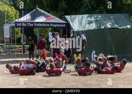 Rugby Sevens al Bula Festival di Aldershot, Hampshire, Inghilterra, Regno Unito, 5th agosto 2022. Una celebrazione della cultura delle Fiji, specialmente nell'esercito britannico. Foto Stock
