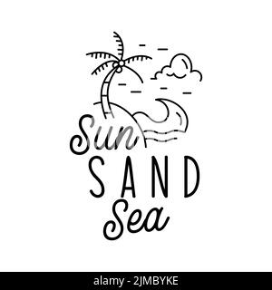 Banner vettoriale in stile minimalista con iscrizione e illustrazione Sun Sand Sea con nube d'onda e palme su sfondo bianco Illustrazione Vettoriale