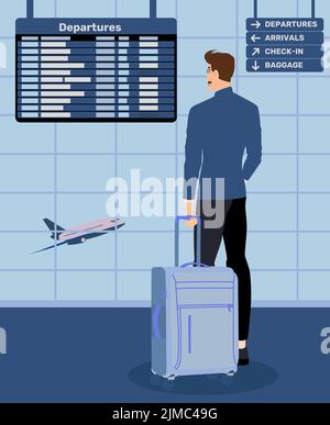 Uomo d'affari in piedi con i bagagli nella sala partenze di un aeroporto internazionale. L'uomo in abito guarda l'orario del terminal mentre aspetta Illustrazione Vettoriale