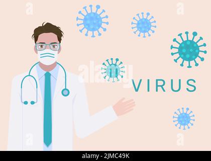 Il medico generico mostra una mano su un'infezione virale. Illustrazione vettoriale piatta. Terapista in maschera e abito con uno stetoscopio, occhiali. Metà piatta Illustrazione Vettoriale