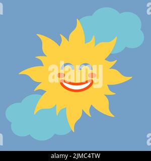Bambino illustrazione cartoon sole nel cielo. Personaggio divertente - sole con nuvola su sfondo blu. Illustrazione Vettoriale
